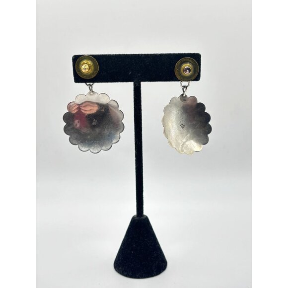 Native American Zuni Inlay Heart Dangle Earrings In Sterling Silver 925 - Picture 5 of 6